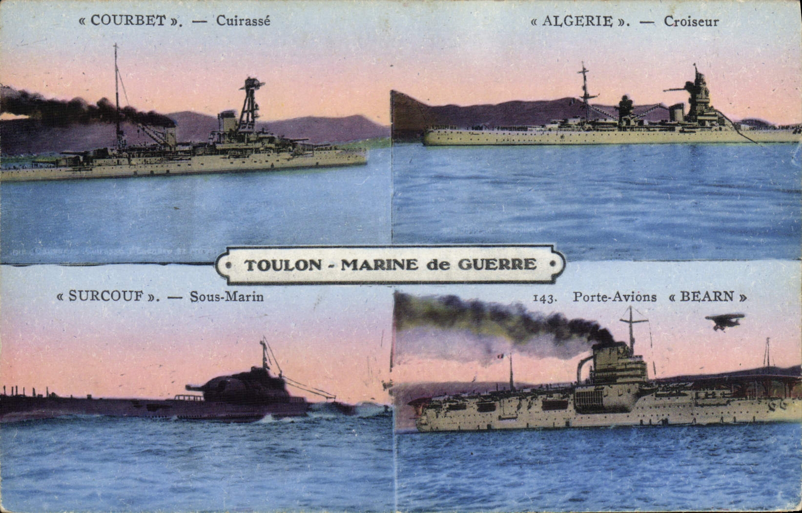 VINTAGE POSTCARD Bateau War Toulon Navy Courbet Algeria Surcouf Submarine Carries Bearn planes