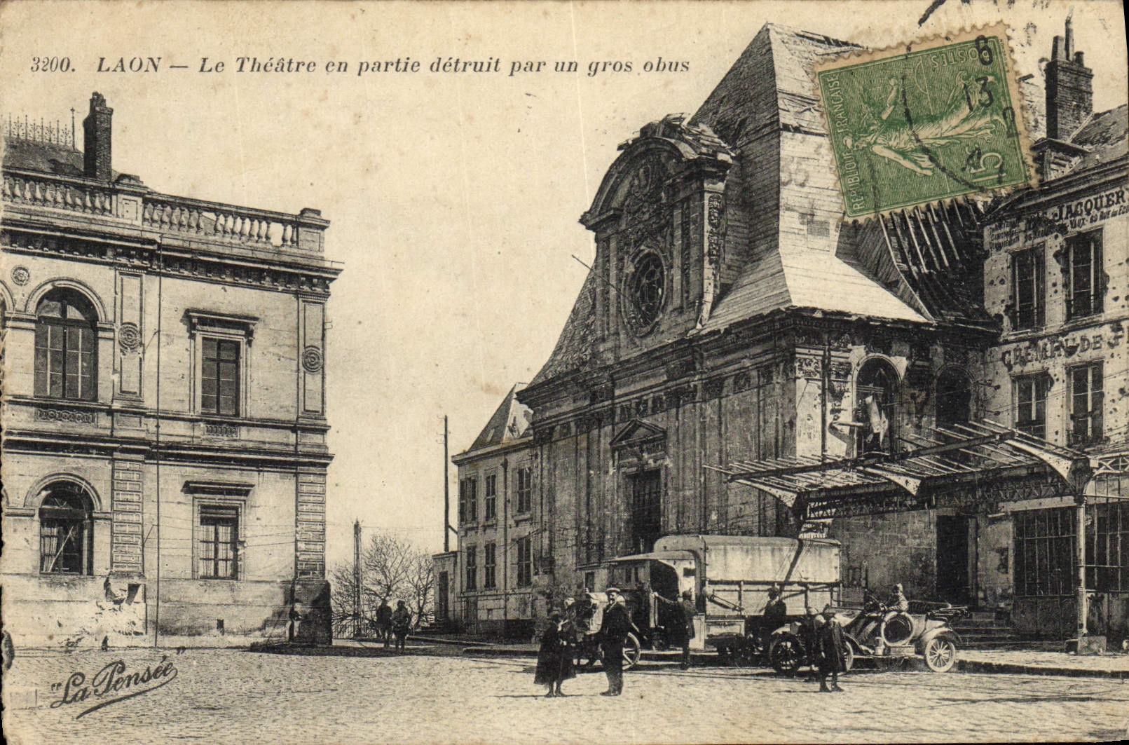 VINTAGE POSTCARD Laon the Theater partly destroyed by a large shell