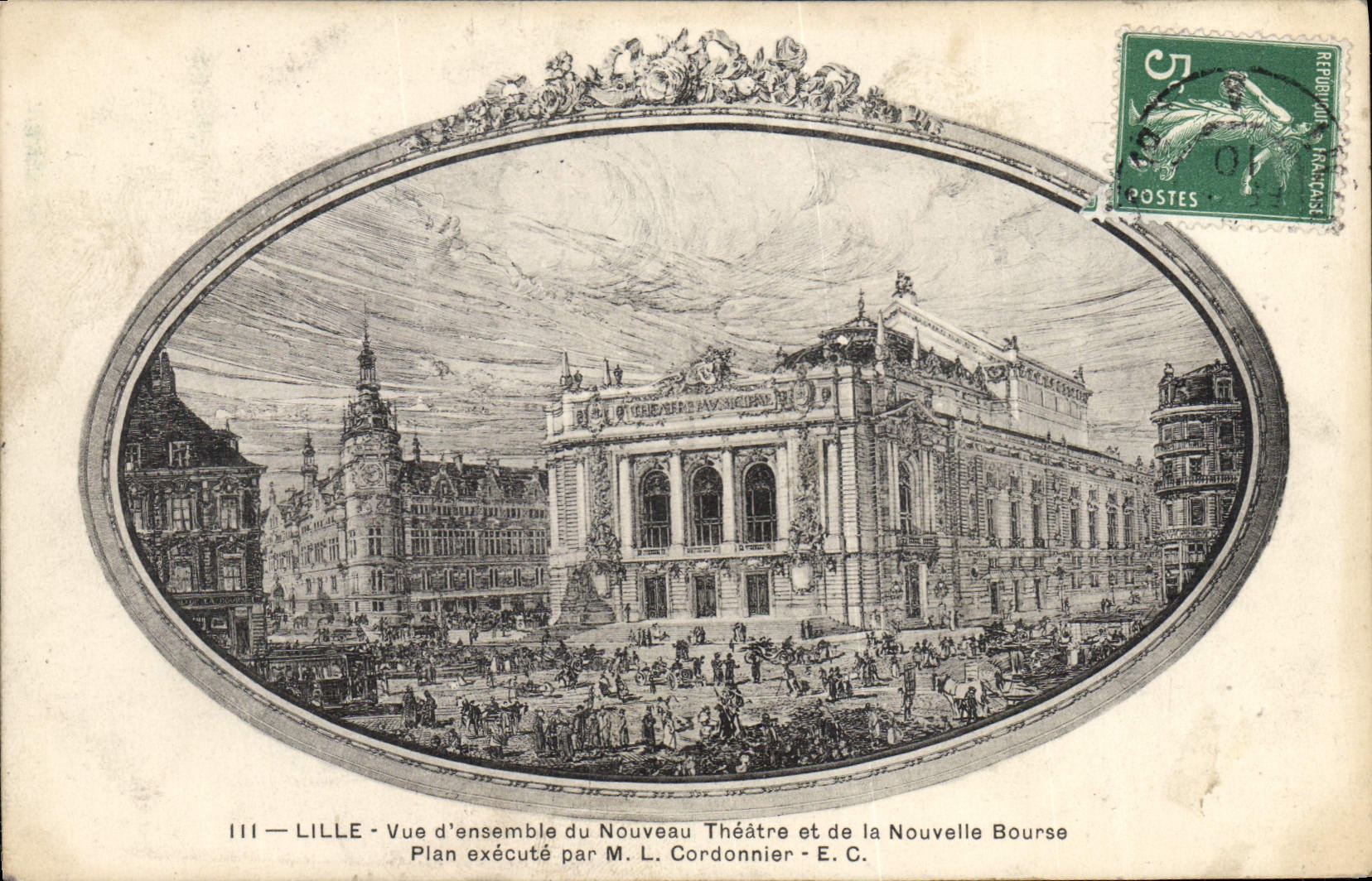 VINTAGE POSTCARD Lille Overall picture of the new Theater and the new Stock Exchange Shoe-maker