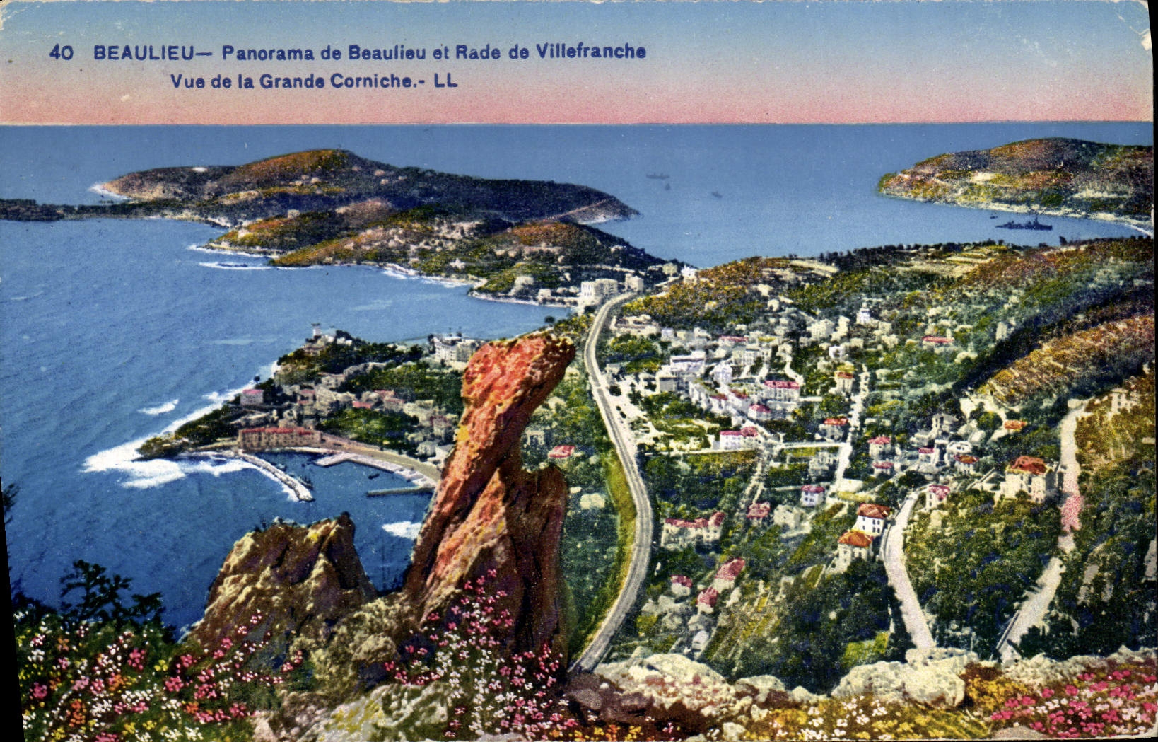 Panorama de Beaulieu de la POSTAL de la VENDIMIA de Beaulieu y de Rade Villefranche visto de la cornisa grande