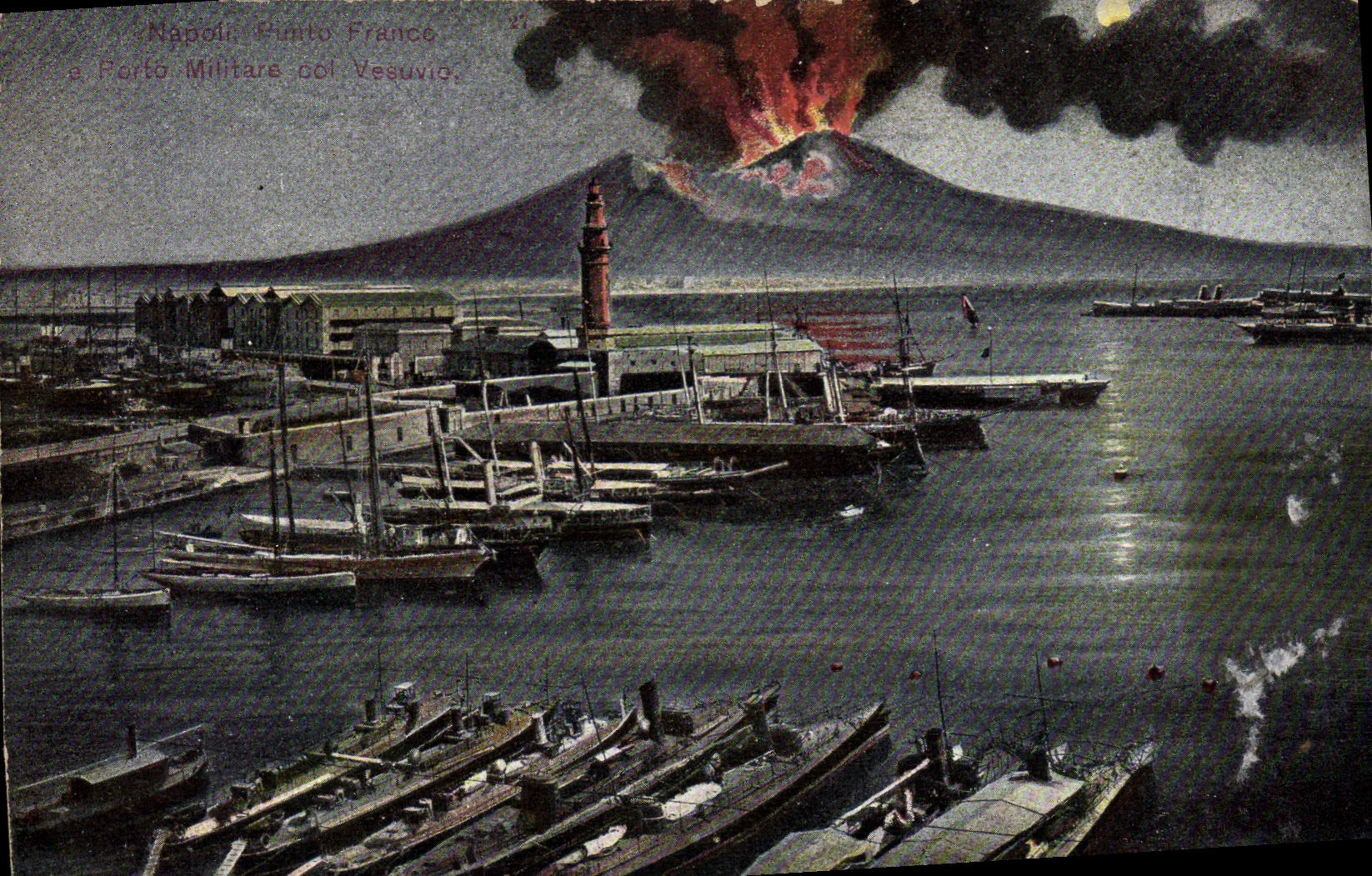 CPA Volcan Napoli e porto militare col Vesuvo Bateaux