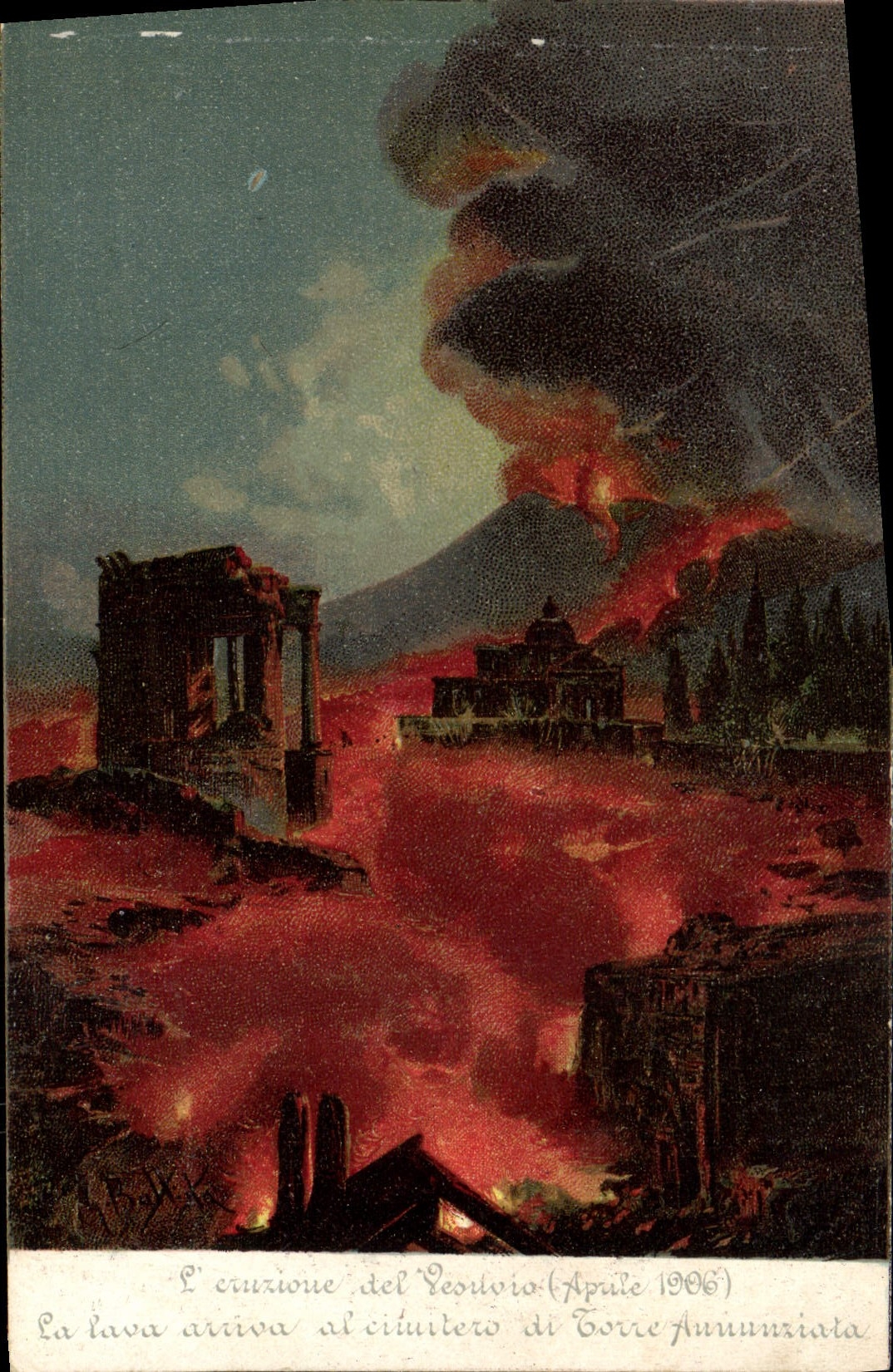 CPA Volcan L'eruzione del Vesuvio Aprile 1906 La lava arriva al circuitero