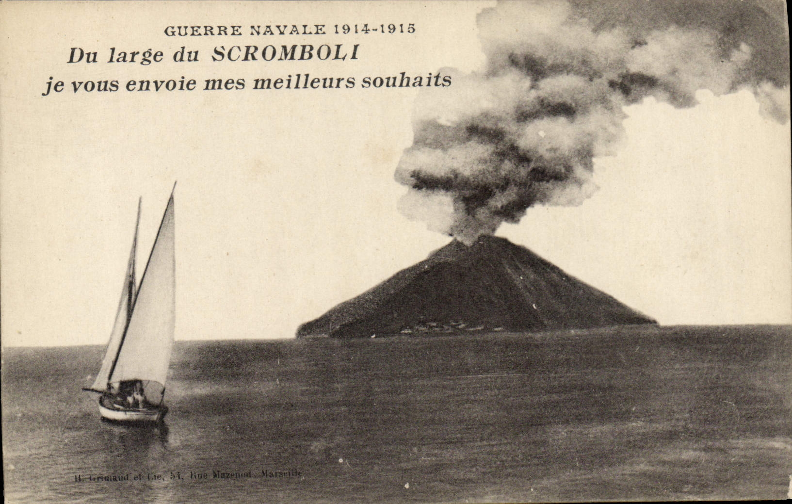 VINTAGE POSTCARD Volcano broad of Stromboli Boat