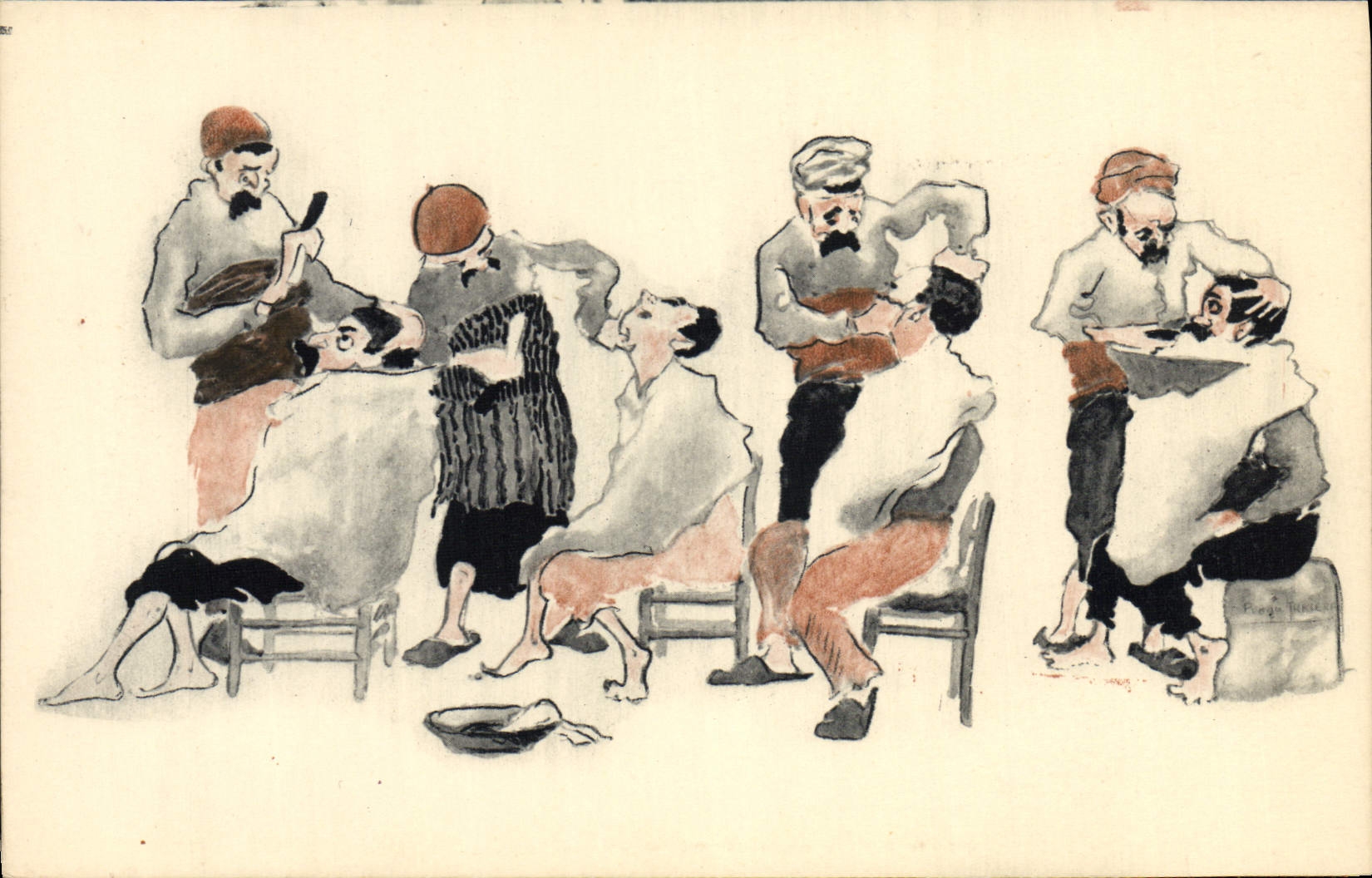 VINTAGE POSTCARD Barbers in the open air Hairdresser Wig maker Algeria