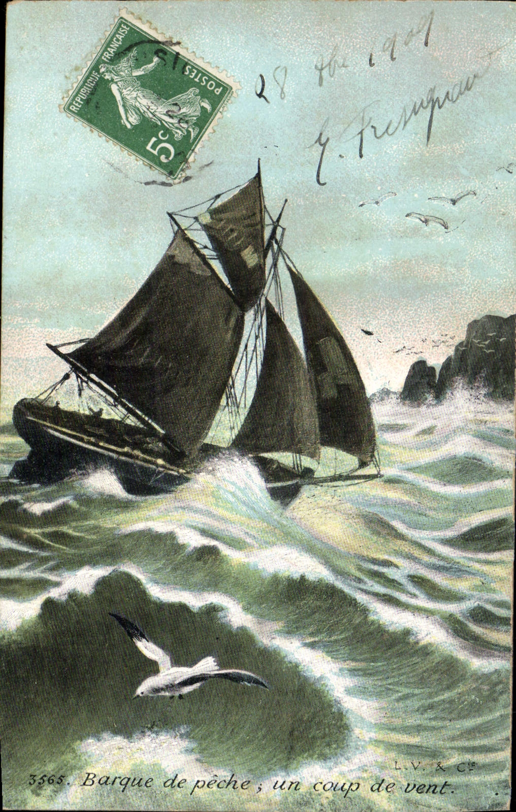 CPA Bateau voilier Barque de peche Un coup de vent