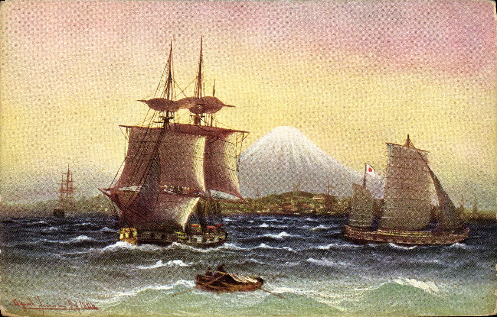 VINTAGE POSTCARD sailing Boat Yokohama Harbor Volcano