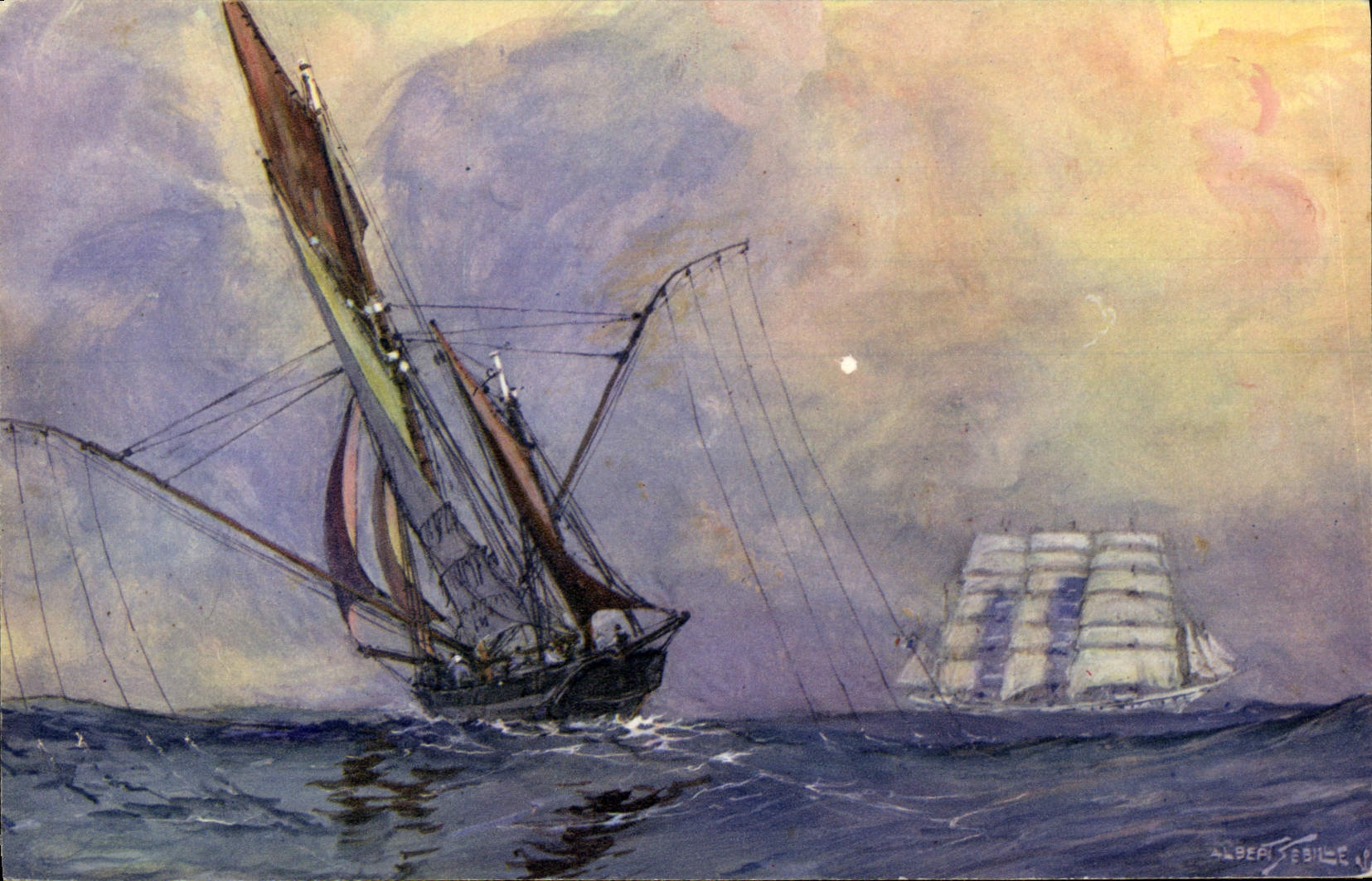 VINTAGE POSTCARD Bateau Fishes Tuna boat on the spot of sin the lines to the sea Sebille