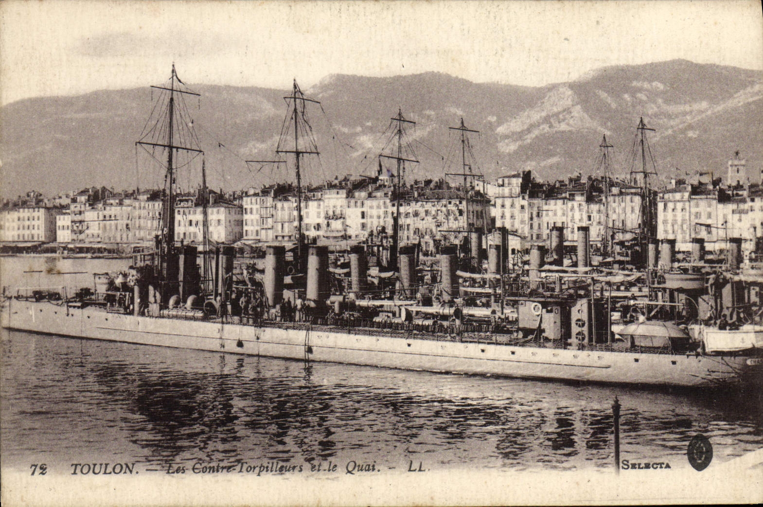 VINTAGE POSTCARD Toulon Boat Against destroyer and the quay