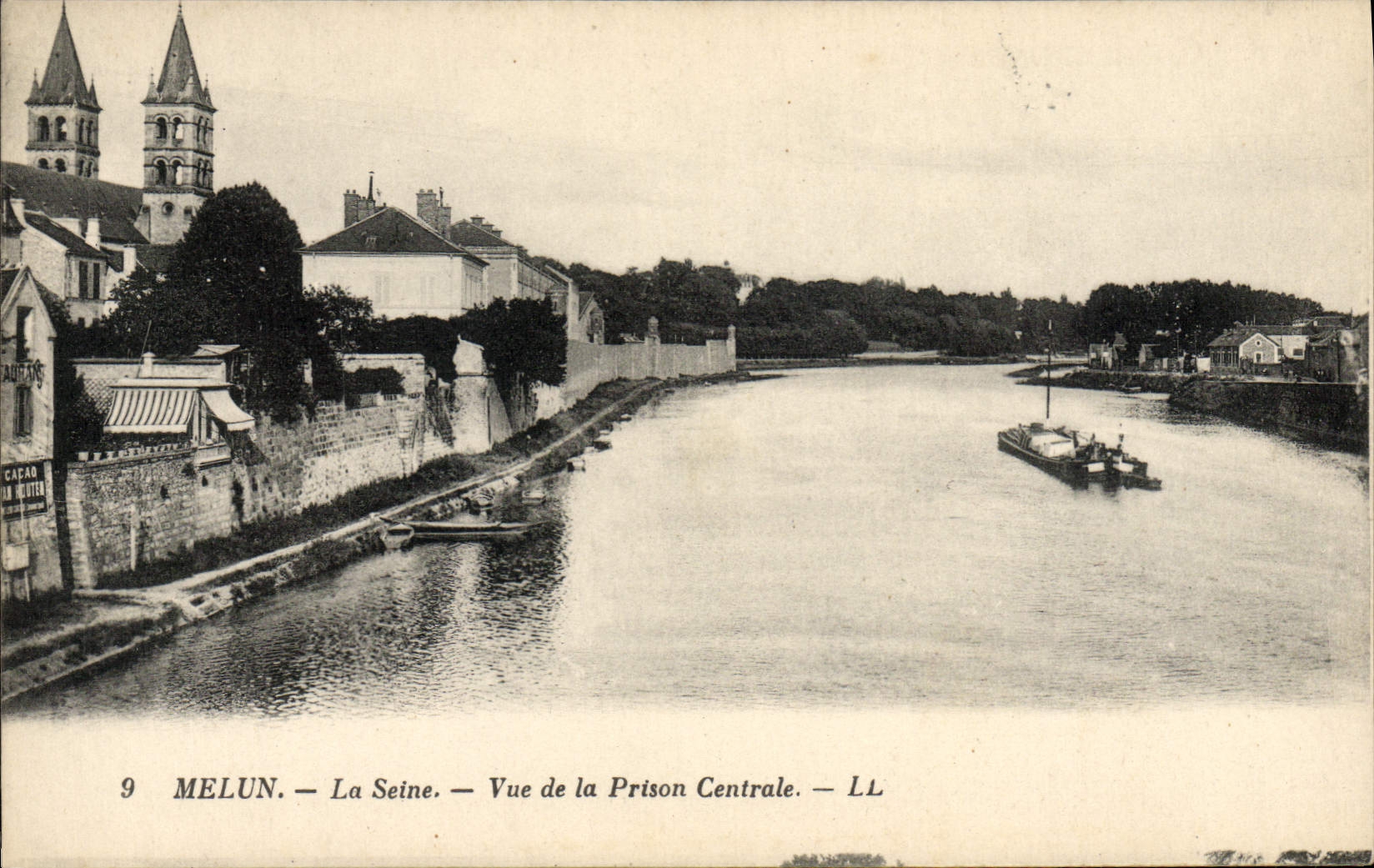 VINTAGE POSTCARD Melun the Seine Seen of the Central Prison Boat Barge