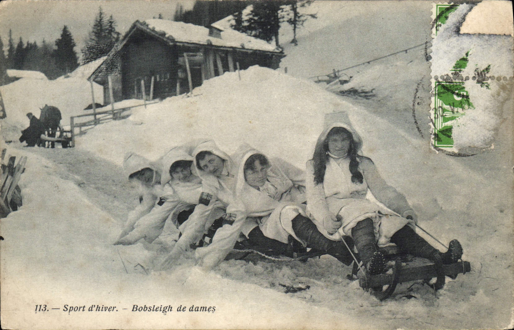 VINTAGE POSTCARD Winter sports Ski Bobsleigh of ladies