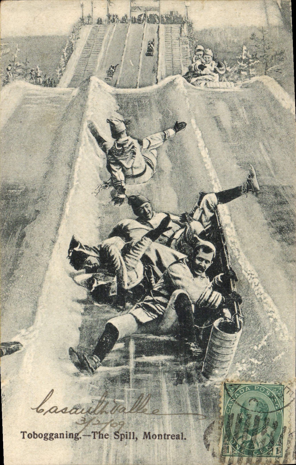 VINTAGE POSTCARD Winter sports Ski Tobogganing The Spill Montreal Canada