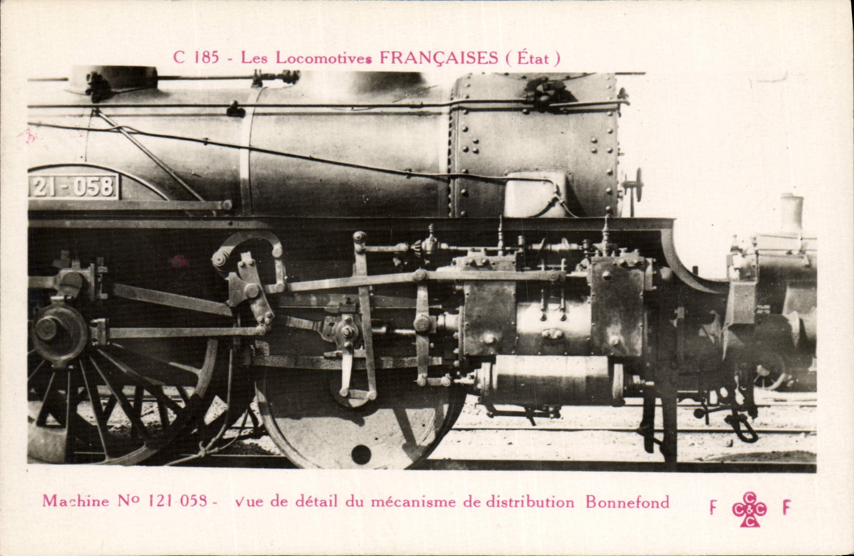 VINTAGE POSTCARD Train Engine Machine 121.058 Sight of detail of the mechanism of Bonnefond distribution