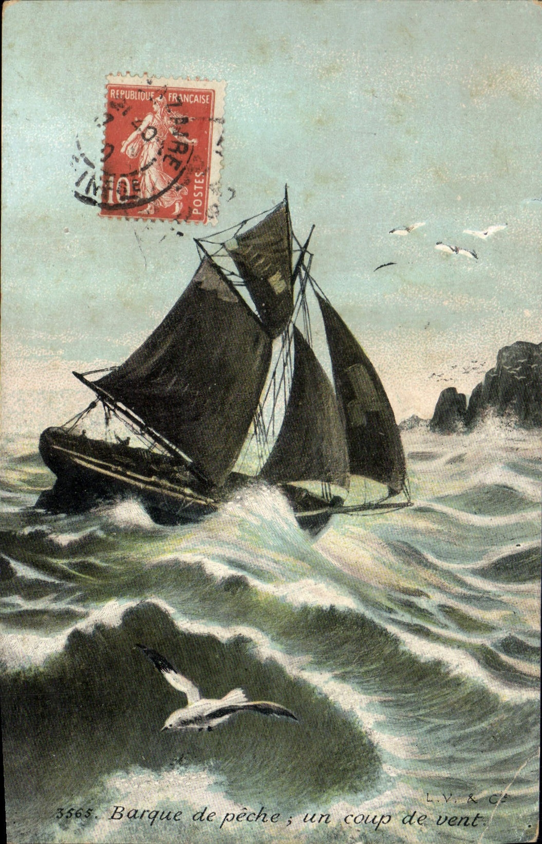 VINTAGE POSTCARD Sailing Boat Boat of sin a strong gale Gulls