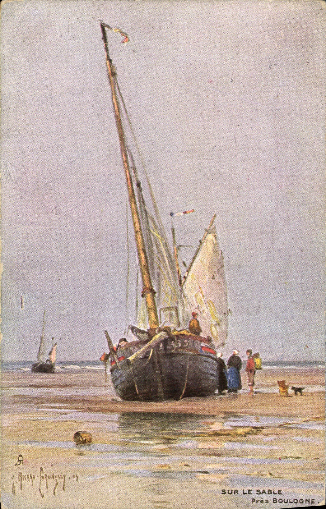 VINTAGE POSTCARD Sailing Bateau Fishes On sand close Boulogne