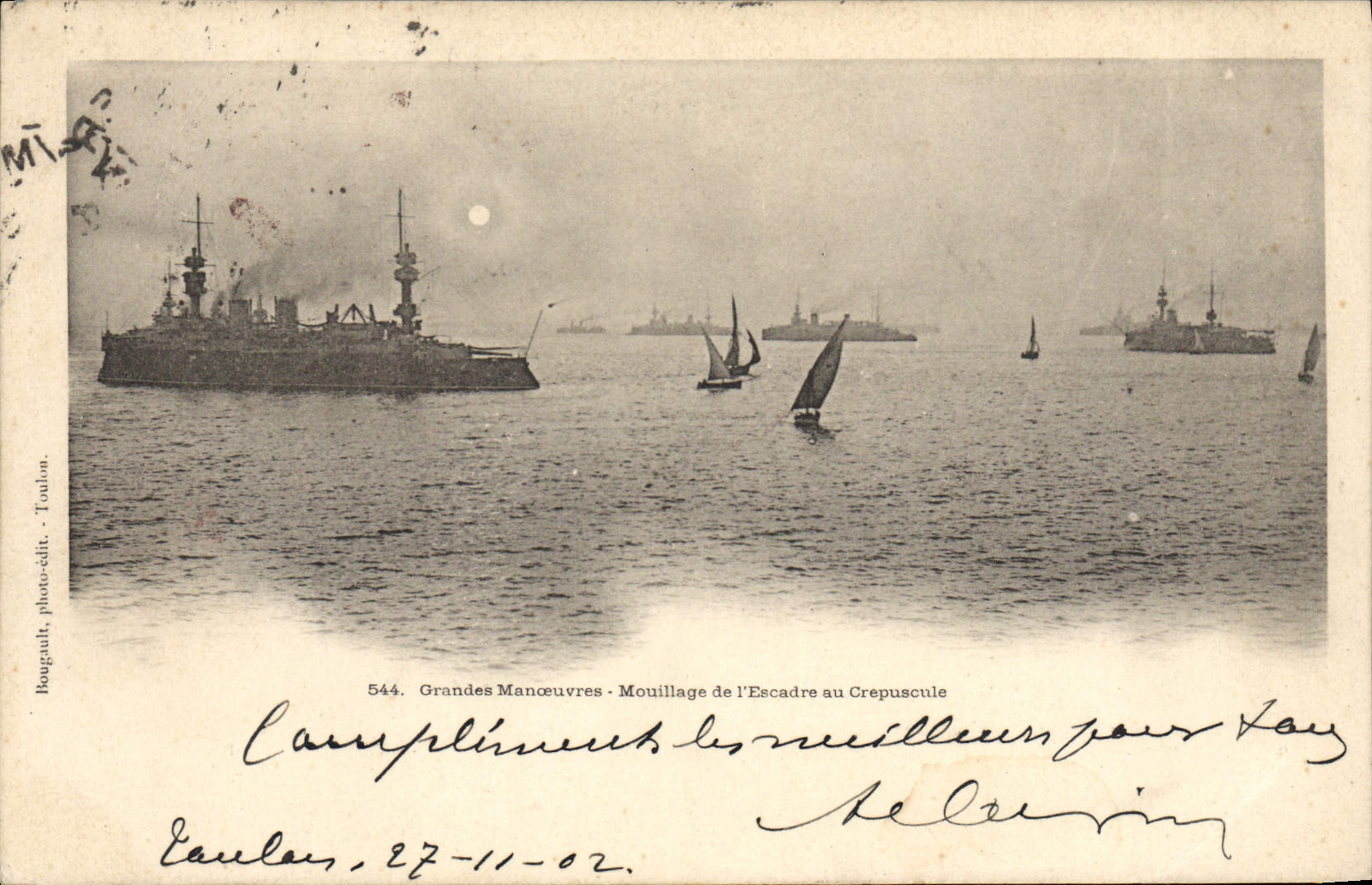 VINTAGE POSTCARD Warship army maneuvers Damping of the squadron in twilight