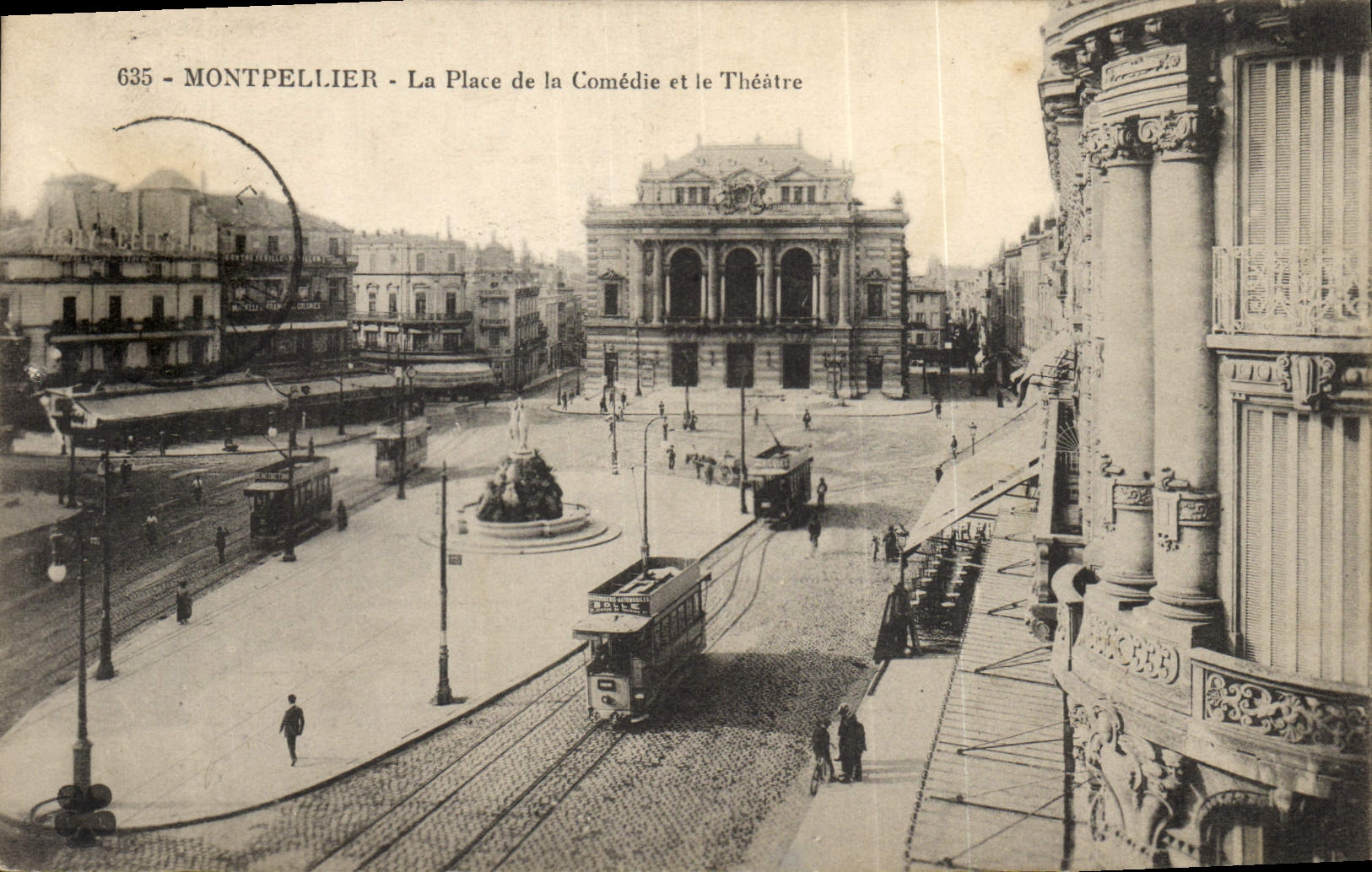 VINTAGE POSTCARD Montpellier the place of the Comedy and the Theater Tram