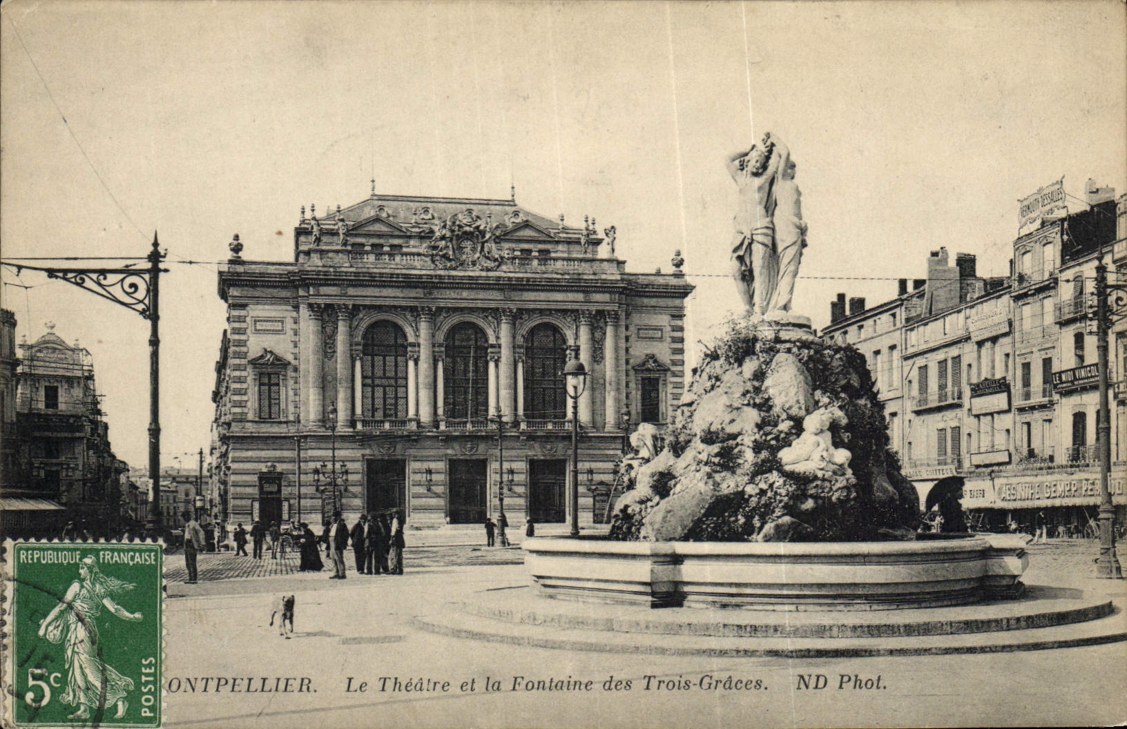 VINTAGE POSTCARD Montpellier the Theater and the fountain of the Three Graces