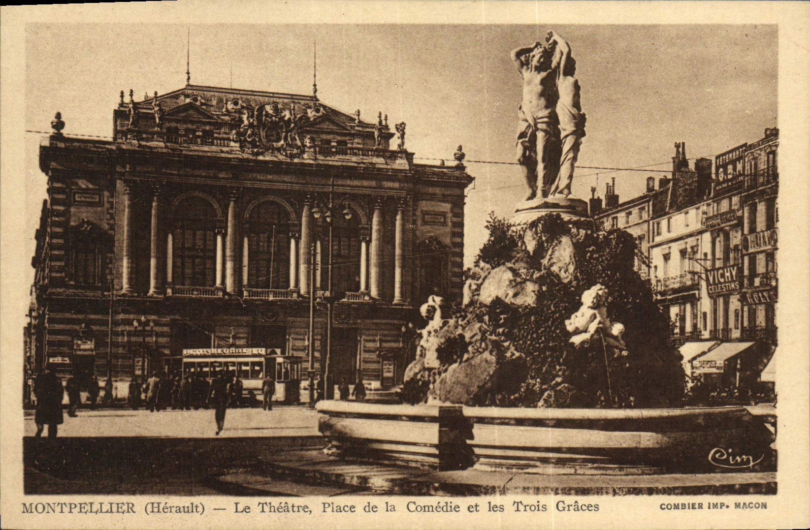 VINTAGE POSTCARD Montpellier Theater Places Comedy and the Three Graces