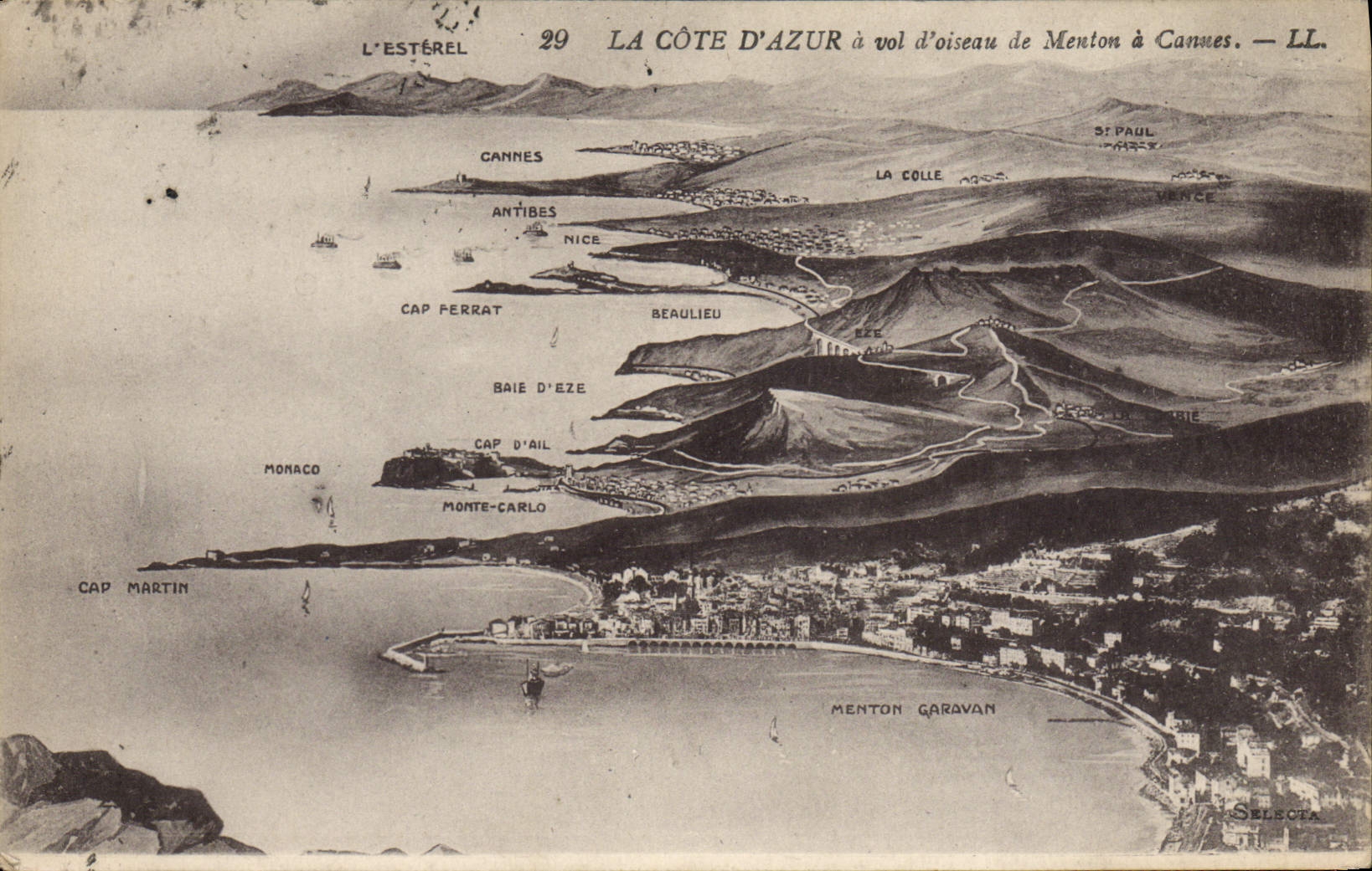 VINTAGE POSTCARD the Dimension of Azure as the crow flies of Menton has Cannes