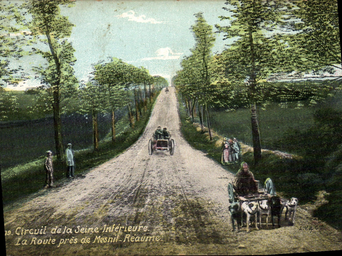 VINTAGE POSTCARD Circuit of the Lower Seine the road close to Mesnil Reaume Dog Dogs Automobile