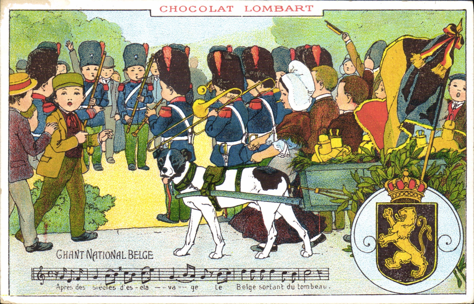 CPA Chien Chiens Chocolat Lombard Chant national belge Lion TOP