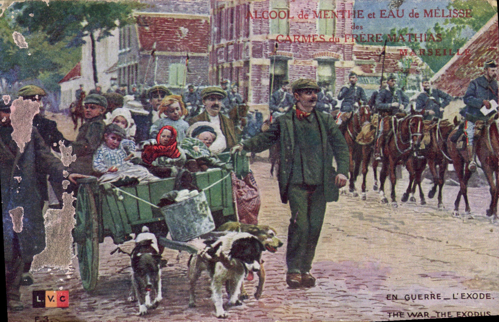 CPA Chien Chiens Publicite Alcool de menthe et eau de Melisse Carmes du Frere Mathias Marseille L'exode Militaria