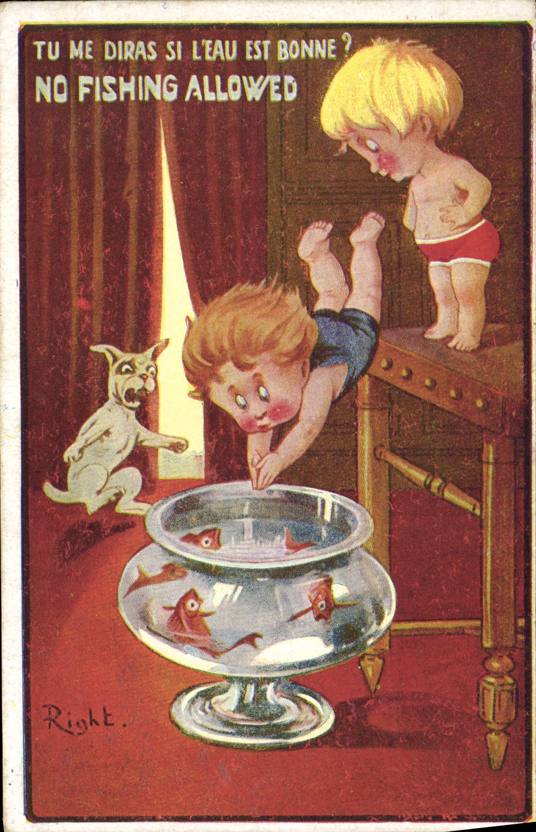 CPA Illustrateur Enfants Chien Right Poissons Rouges