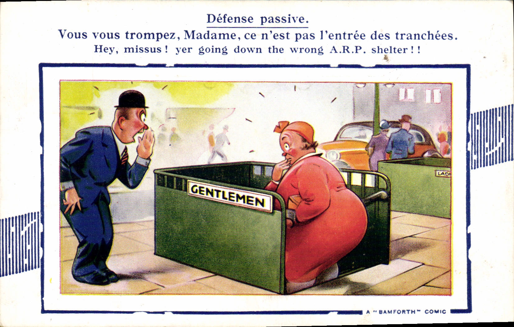 VINTAGE POSTCARD Illustrator Gentlemen civil Defense Toilets