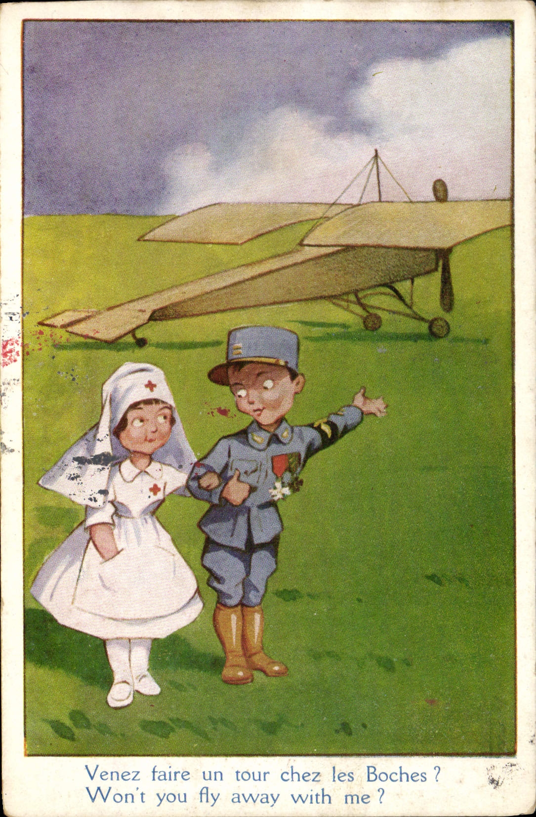 VINTAGE POSTCARD Illustrator Nurse Plane Militaria Red Cross