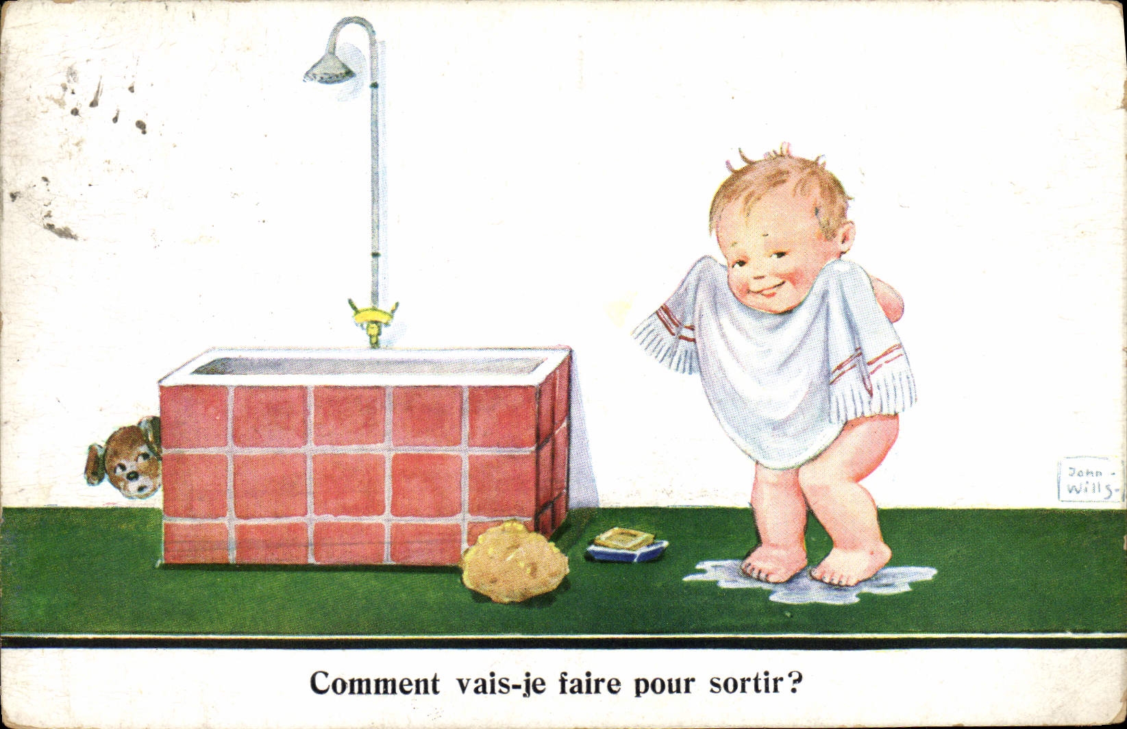 VINTAGE POSTCARD will Illustrateur Child Bath Dog How I make to leave?