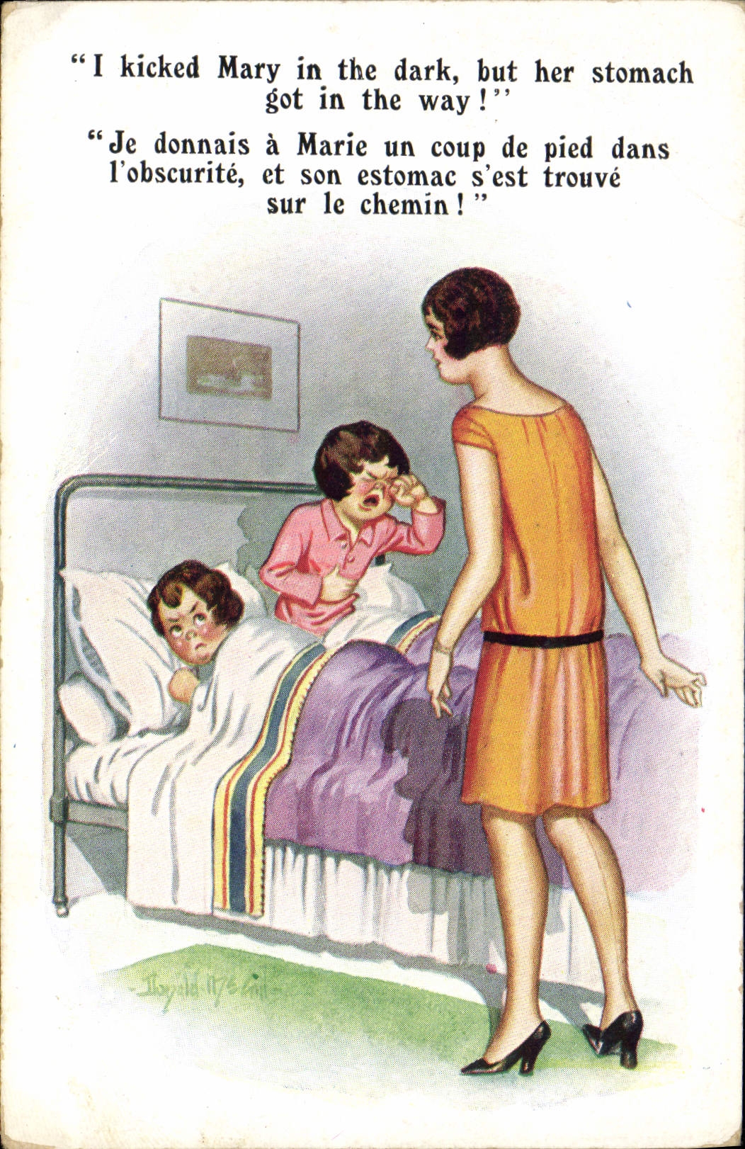 VINTAGE POSTCARD Illustrator Women I kicked Mary in the dark