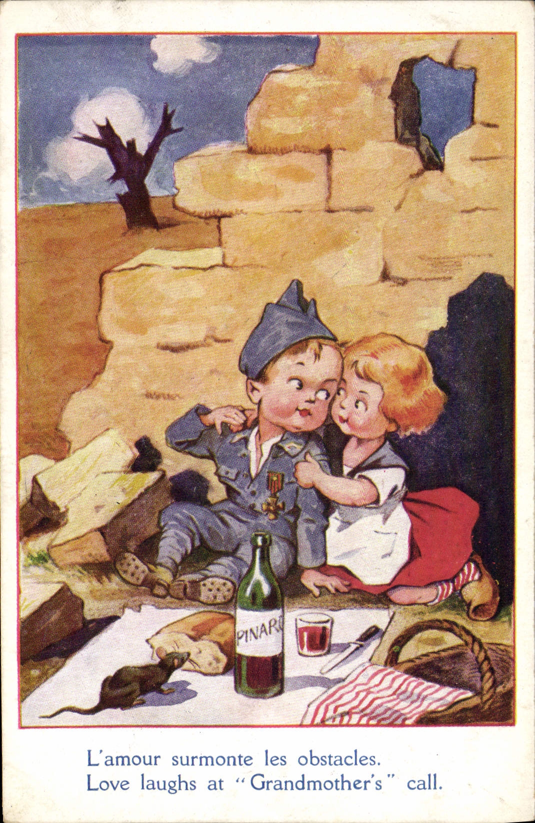 VINTAGE POSTCARD Illustrateur Children the love surmounts the Militaria obstacles
