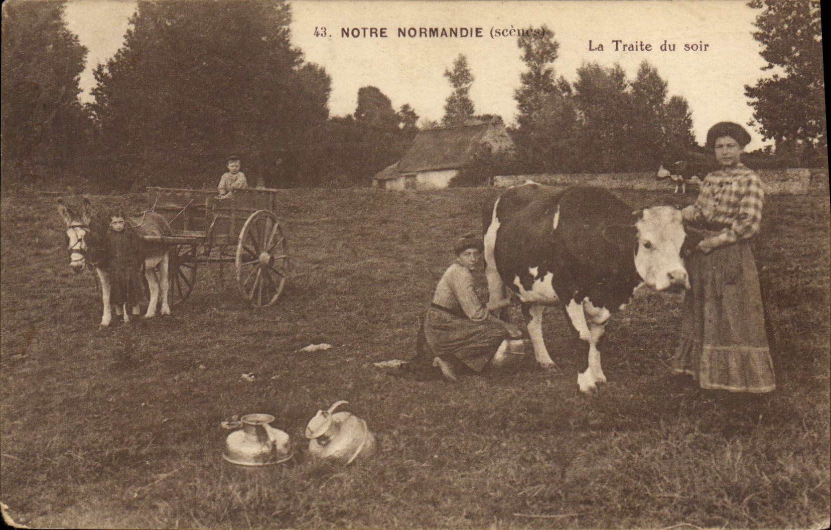 CPA Folklore Lait Normandie La traite du soir Vache Ane Attelage 