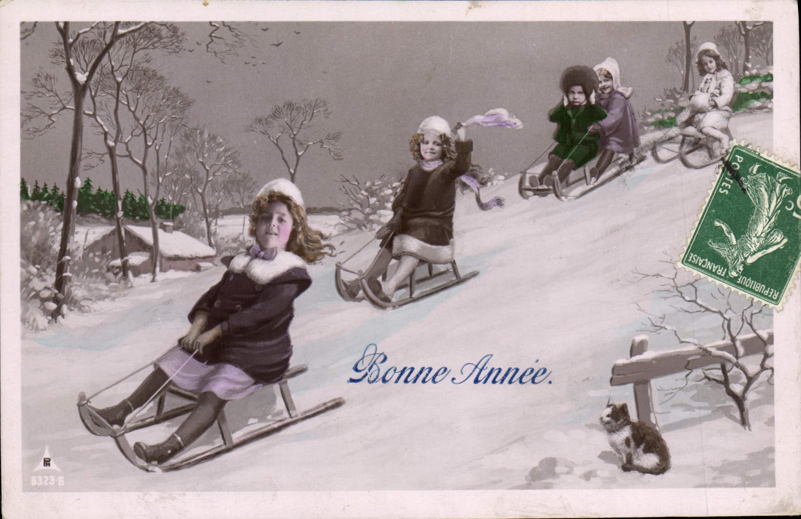 VINTAGE POSTCARD Winter sports Ski Children Toboggan Cat kitten