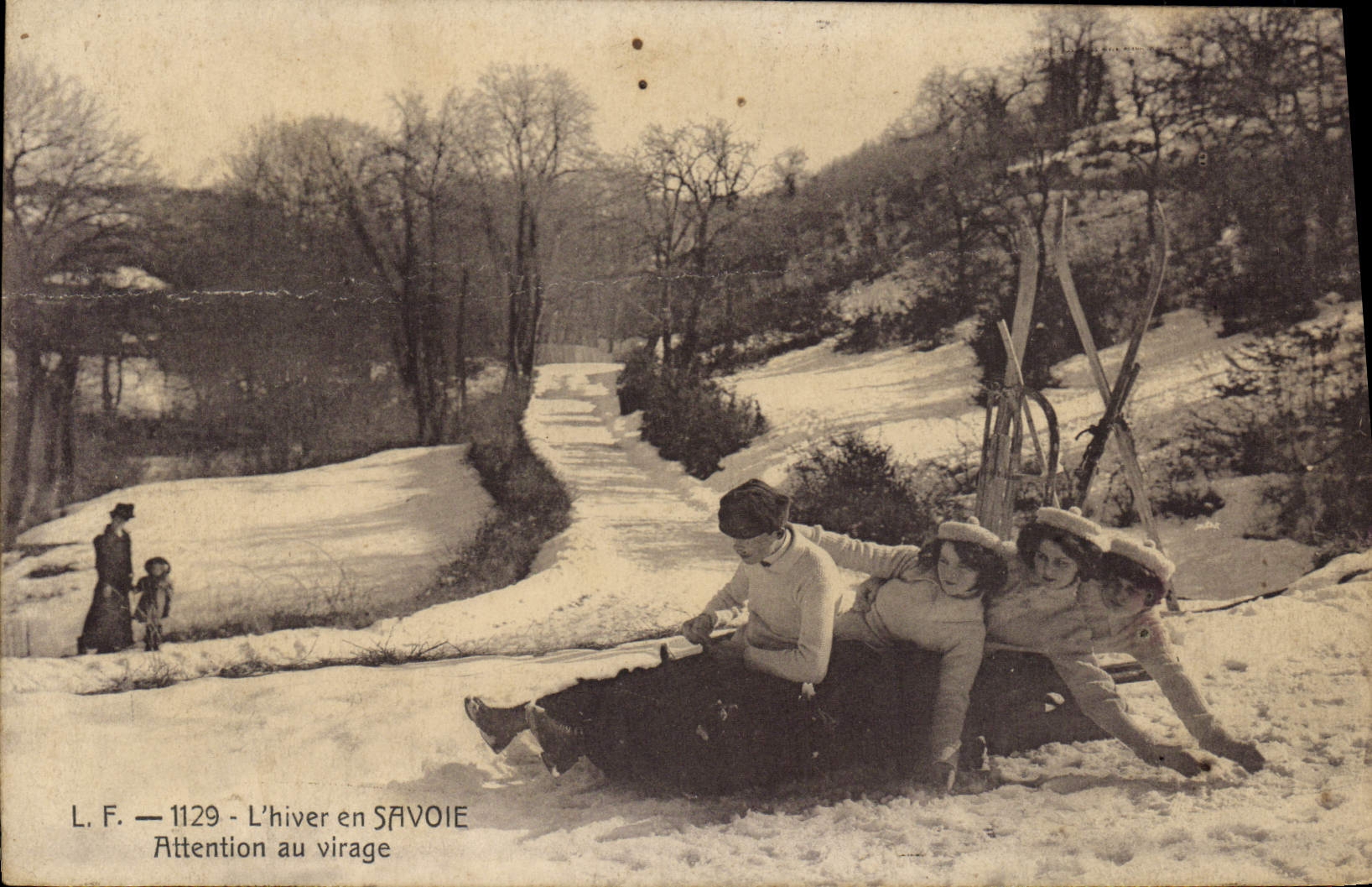 VINTAGE POSTCARD Winter sports Ski Savoy Attention with the turn Toboggan