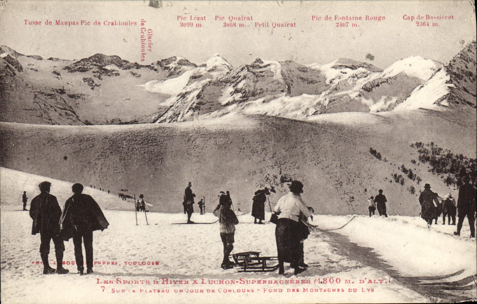 VINTAGE POSTCARD Winter sports Ski Luchon Superbagneres On the plate one day of contest Fund of the mountains of Lily Toboggan