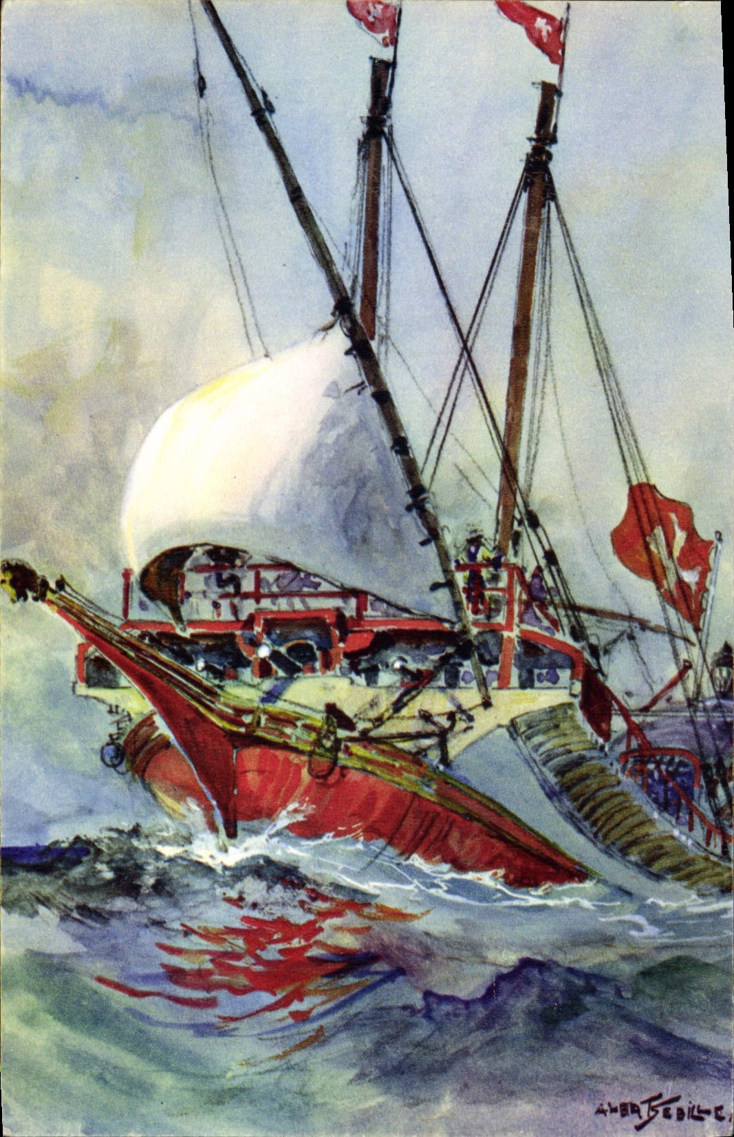 VINTAGE POSTCARD Sailing Bateau Galere of Malta Time louis XIV Wooden bowl Malted