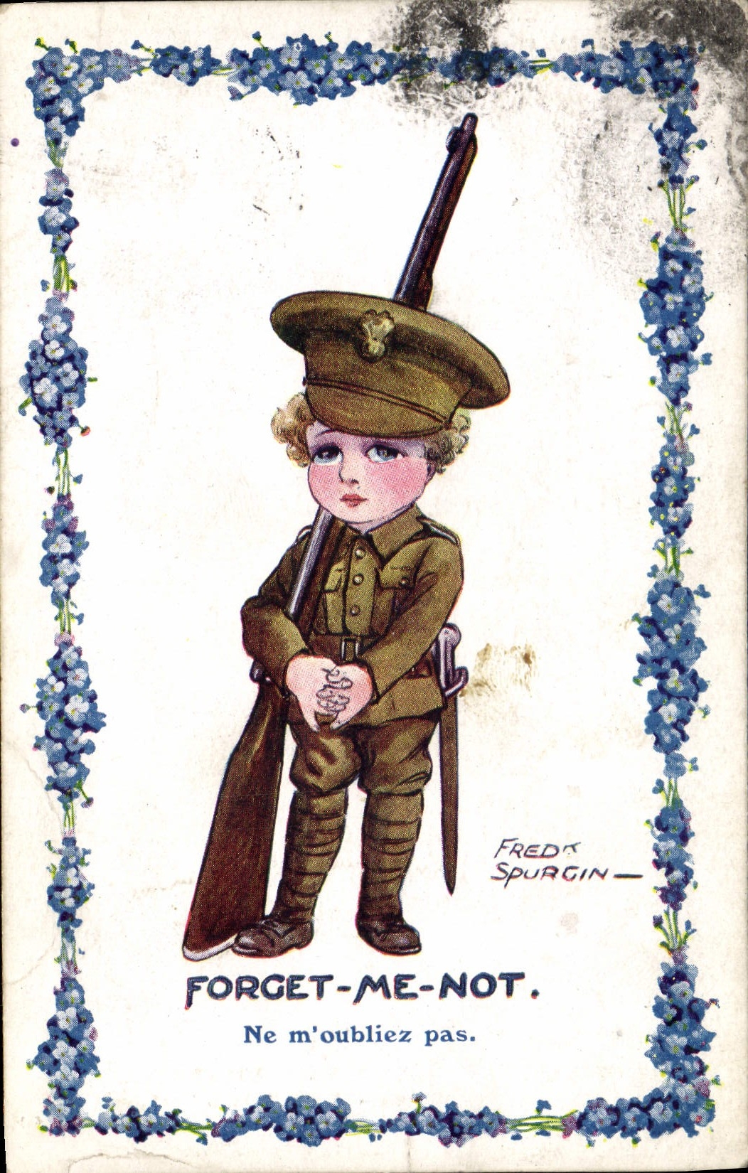 VINTAGE POSTCARD Child Soldier Militaria Forget me not Fred Spurgin