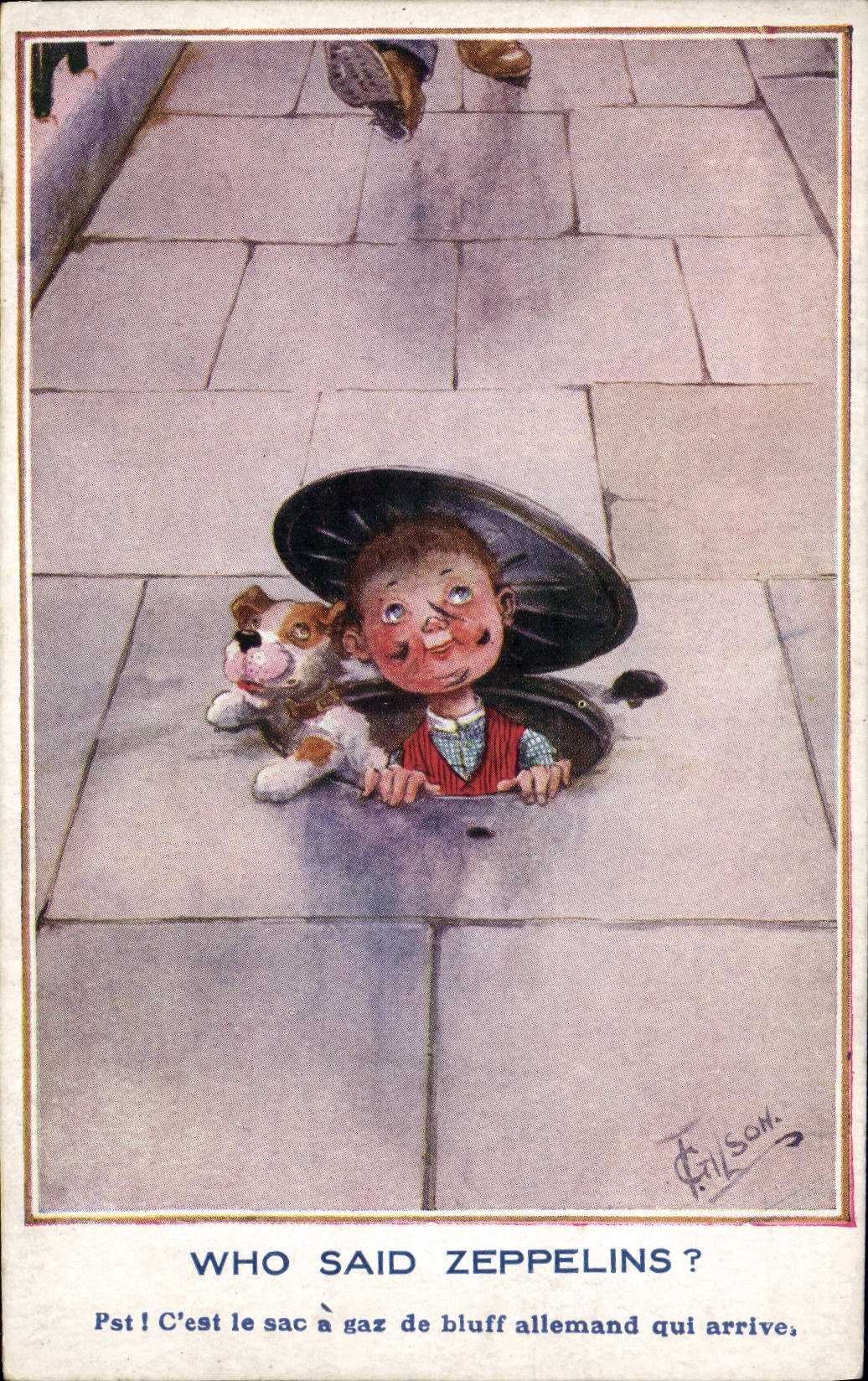 VINTAGE POSTCARD Child Dog Who said Zeppelins?