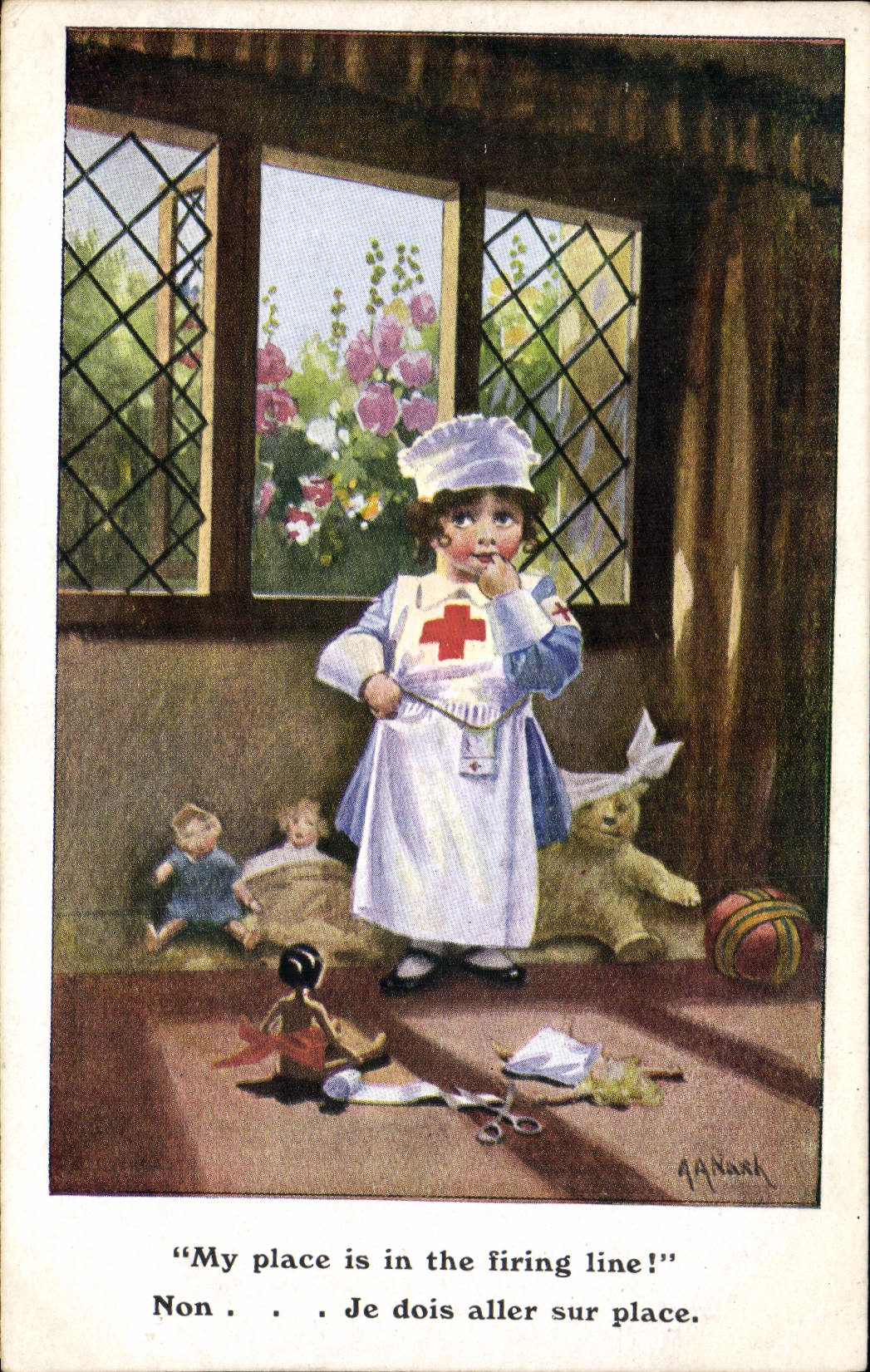 VINTAGE POSTCARD Woman Red Cross Bear