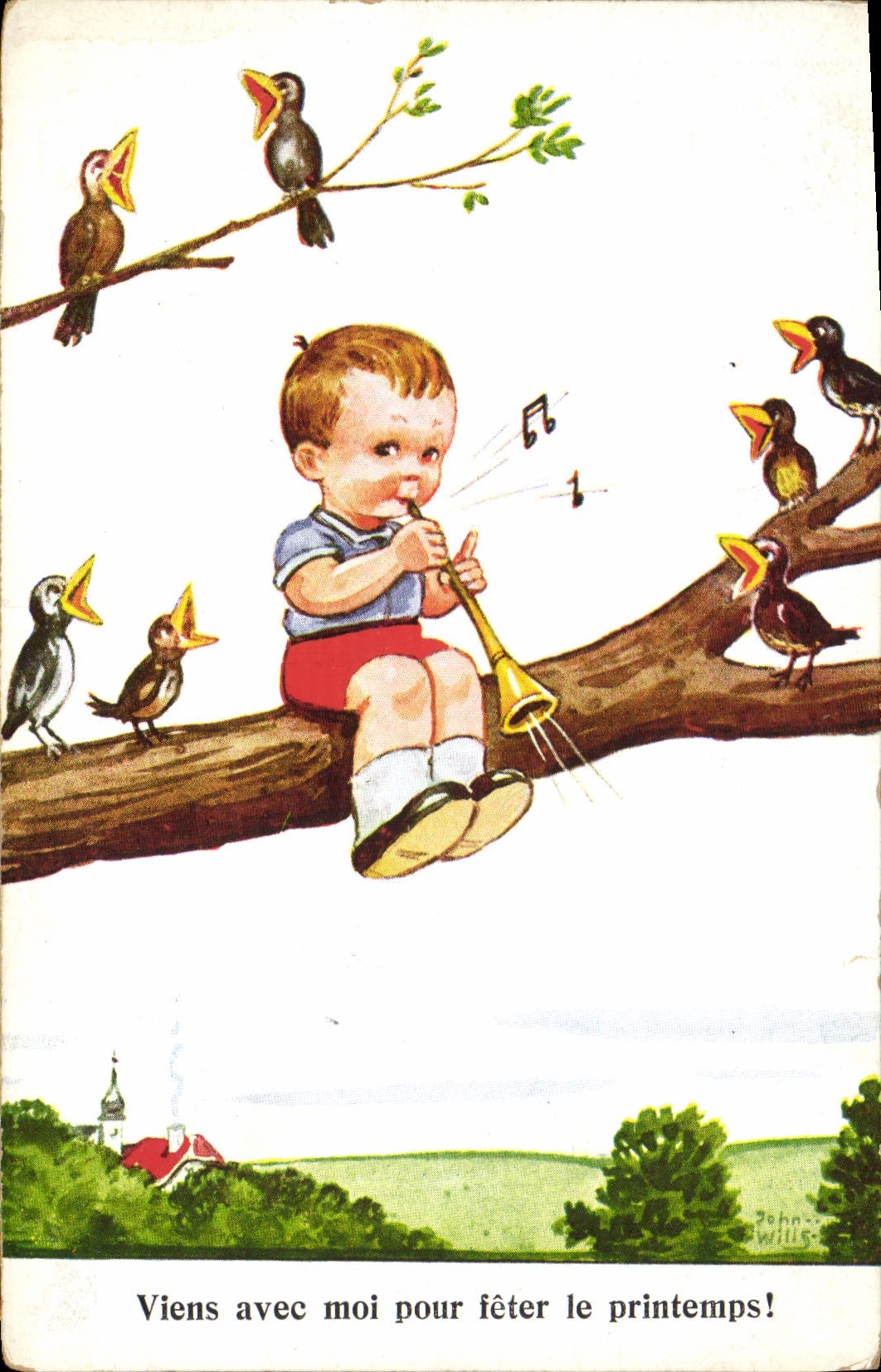 VINTAGE POSTCARD Child Trumpet