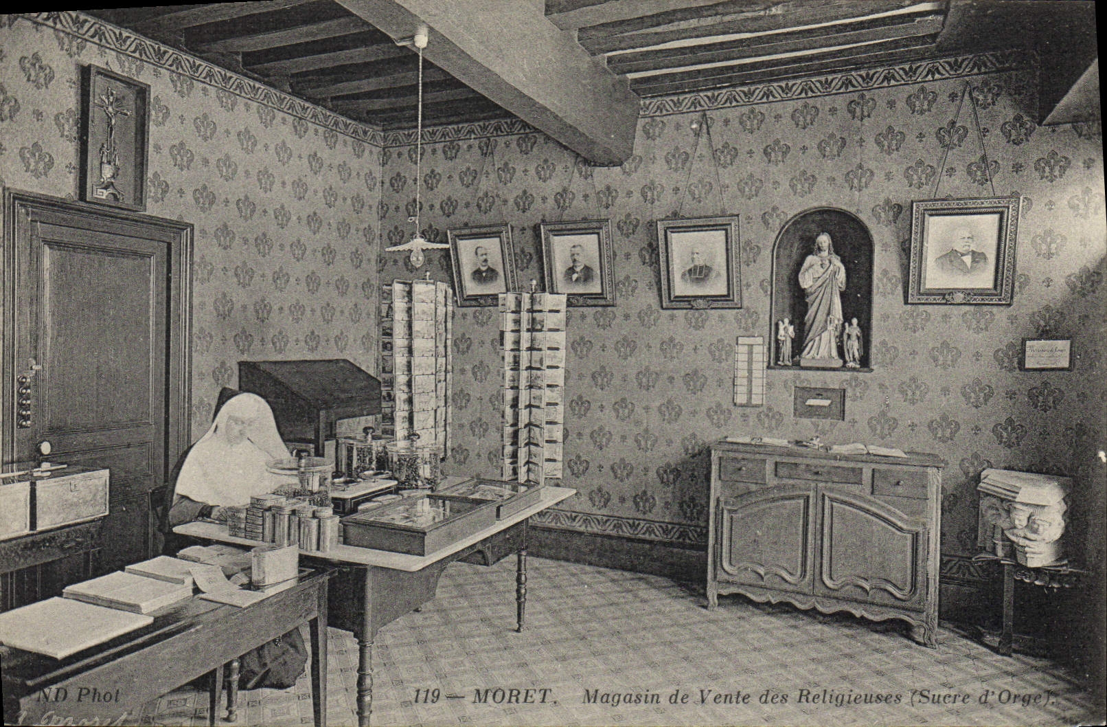 VINTAGE POSTCARD Moret Magasin of sale of the nuns Sweetens barley