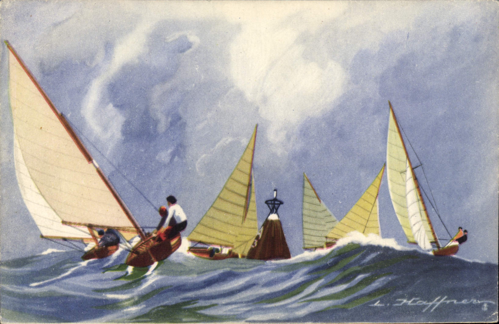 VINTAGE POSTCARD Sailing Boat the turn of the buoy by the dinghies lifting yachts for the sea Haffner