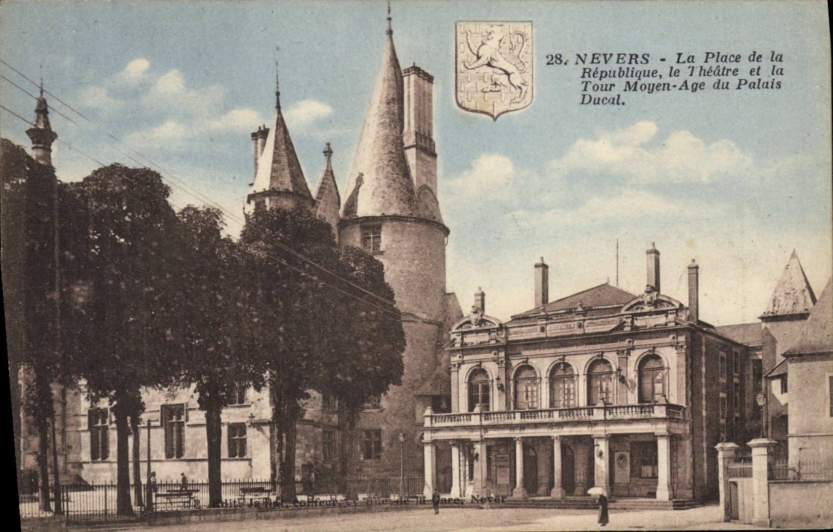 VINTAGE POSTCARD Nevers the place of the Republic the Theater and the Tower the Middle Ages of the Ducal Palate