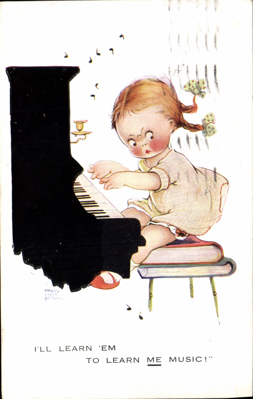 VINTAGE POSTCARD Illustrator Child piano