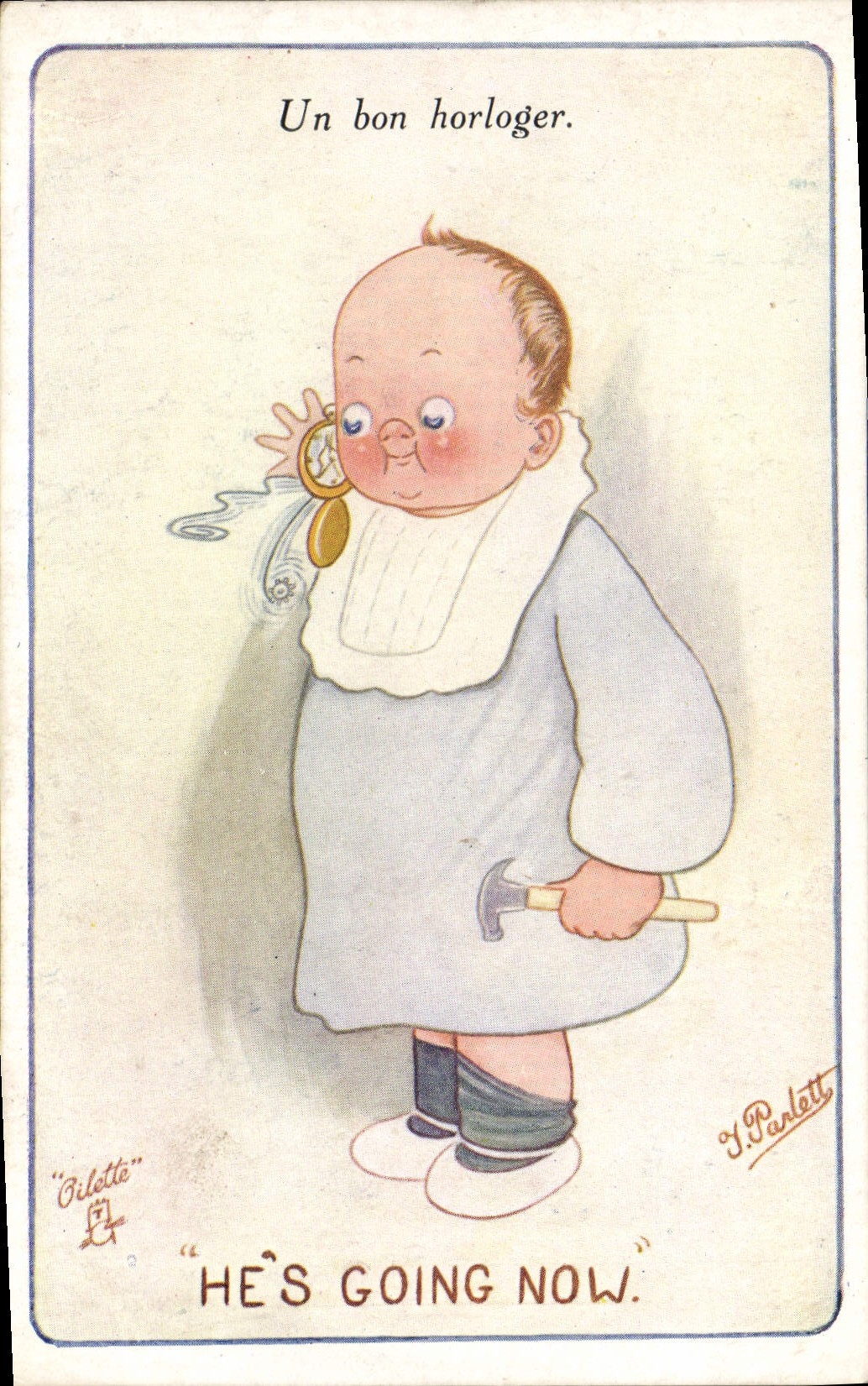 VINTAGE POSTCARD Illustrator Clock making Parlett Child