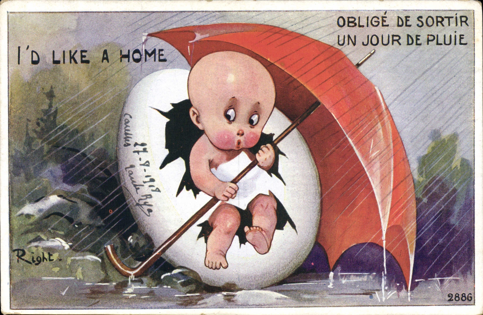 VINTAGE POSTCARD Illustrator Child Umbrella Right Egg