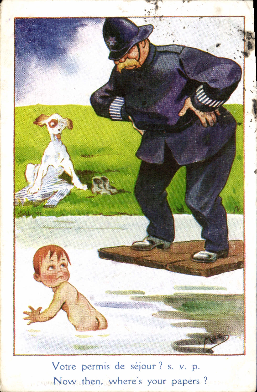 VINTAGE POSTCARD Illustrateur Child Organizes Police Dog