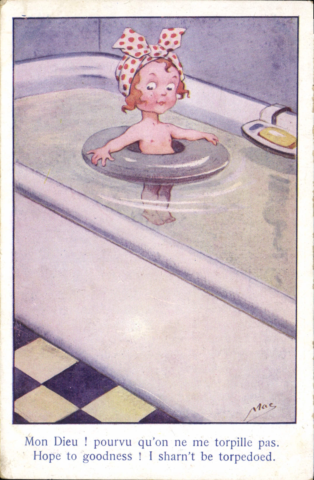 VINTAGE POSTCARD Illustrator Child Bath-tub