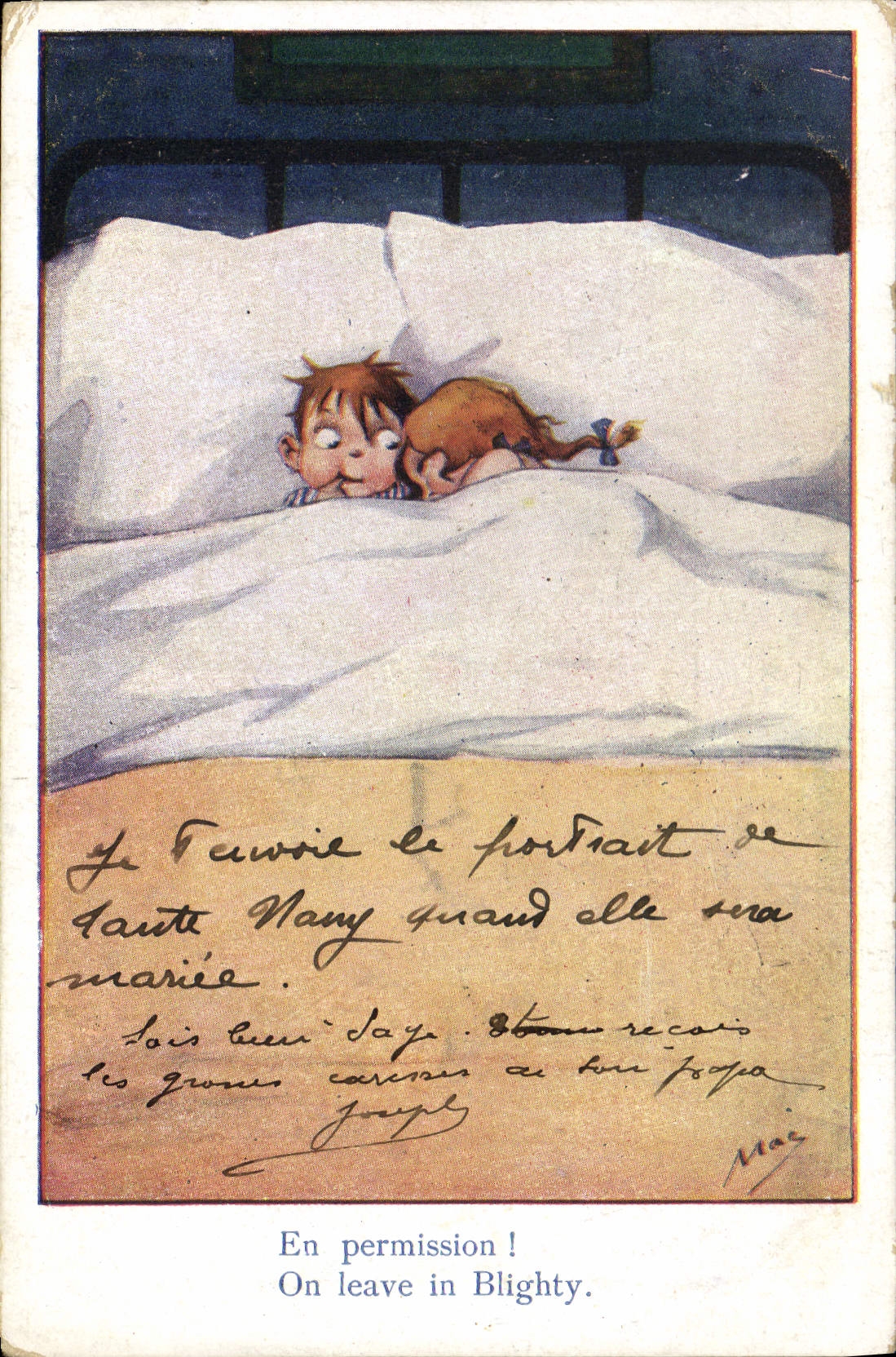 VINTAGE POSTCARD Illustrator Children with the bed